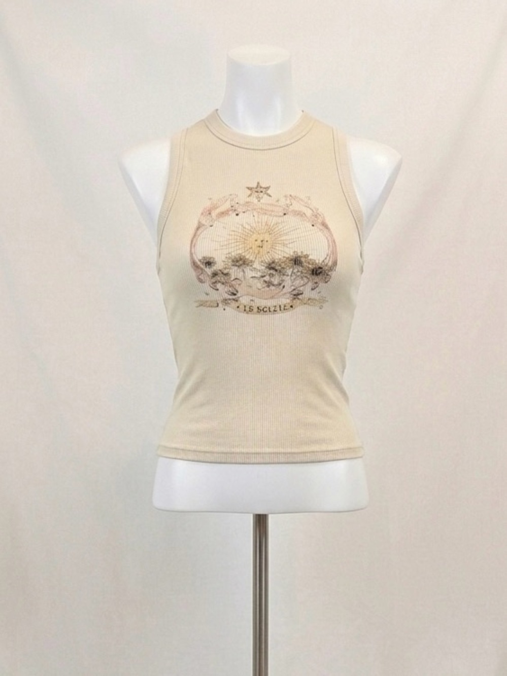 Cotton On Beige Ribbed Graphic Tank with Floral Motif